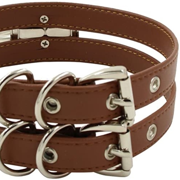 Brown Faux Leather Double Straps O Ring Choker - Picture 3 of 8
